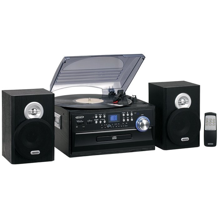 Jensen 3-Speed Turntable with CD Player, AM/FM Stereo Radio, Cassette Player and Stereo Speakers, Blue Back-Lit...