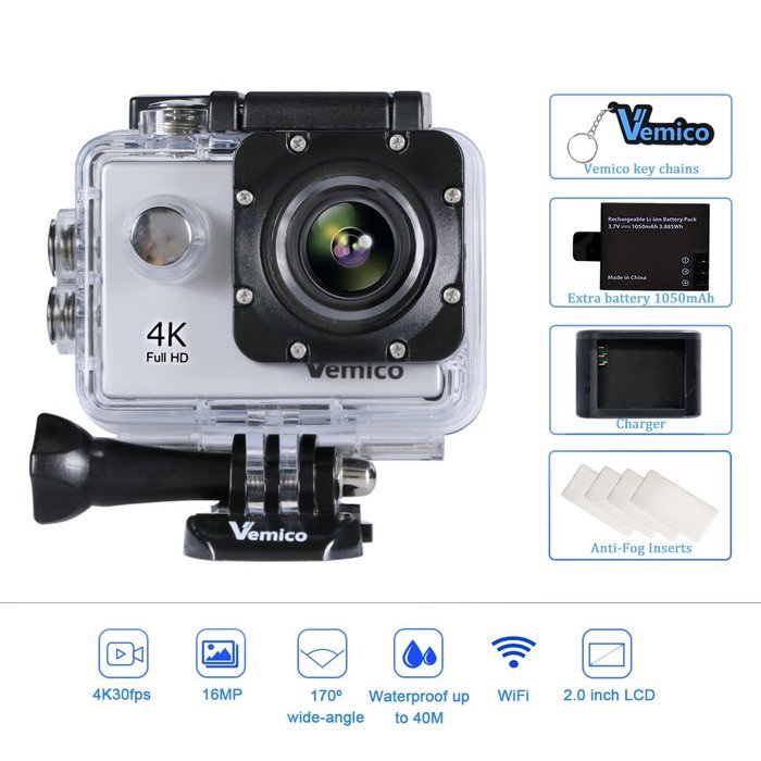 Vemico Action Camera 4K30FPS 16MP WIFI 2.0 Inch Screen Waterproof Sports Helmet Cam with Extra 1050 mAh Battery... N13