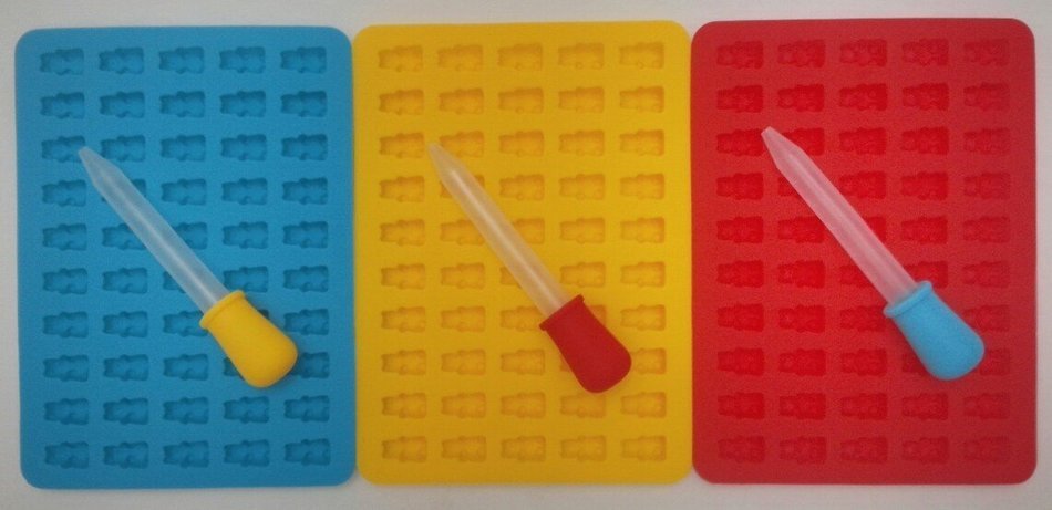 3 Pack Silicone Gummy Bear Candy Mold Multi Color with 3 Matching Easy Fill Droppers. Recipes & Tips Included
