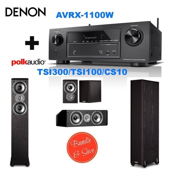 Denon AVR-X1100W 7.2 Channel Full 4K Ultra HD A/V Receiver with Bluetooth and Wi-Fi + 2 Polk Audio TSi300 Floorstanding...