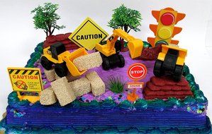 15 Piece CONSTRUCTION TRUCKS Themed Birthday Cake Topper Featuring Heavy Duty Equipment Vehicles and Decorative... N6