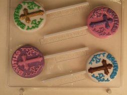 BAUTIZO Cross w/ decorations on side on round background SPL049 Spanish Language Chocolate Candy Mold