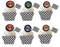 Item#136- 12pk Checkered Flag Picks Monster Jam Trucks Cupcake Rings with 12 Baking Cup Decoration Wrappers
