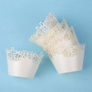 50pcs Filigree Vine Lace Cut Cupcake Wrapper Liner Baking Cup Case Trays Wedding Birthday - White, Cross N2
