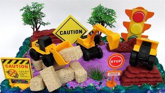 15 Piece CONSTRUCTION TRUCKS Themed Birthday Cake Topper Featuring Heavy Duty Equipment Vehicles and Decorative... N9