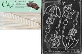 Cybrtrayd 45St50-B016 Carriage and Umbrella Lolly Baby Chocolate Candy Mold with 50-Pack 4.5-Inch Lollipop Sticks