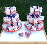 Patriotic Cupcake Stand Set: 2 Cupcake Stands, 48 Baking Cups, 144 American Flag Picks for Cupcake Topper