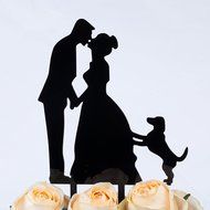 LOVENJOY with Gift Box Kissing Bride Groom Couple and Big Dog Animal Silhouette Wedding Cake Decoration Topper... N12