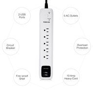 Poweradd 5-Outlet Surge Protector Power Strip 6ft Cord with Dual Smart USB Ports for TV, Laptop, Computer, Hair... N7