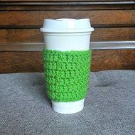 Crochet Coffee Sleeve - Green with Flower Appliques N3