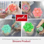Complete Russian Piping Tips 33 PCS/Set - YOUKEE 32PCS 304 Stainless Steel Piping Tips + 1 Tri-color Coupler-... N6
