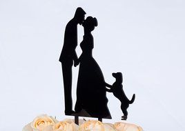 LOVENJOY with Gift Box Kissing Bride Groom Couple and Big Dog Animal Silhouette Wedding Cake Decoration Topper... N17