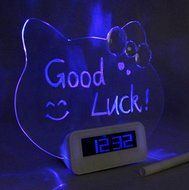 Lovely for Cat Shape Luminous Fluorescent LED Message Board Silent Alarm Clock Lazy