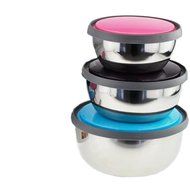 Pack of 3 Round Crispers Stainless Steel Bowl Insulation Boxes with Colored Plastic Cover N3
