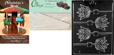 Cybrtrayd &#039;Crown Lollies&#039; Kids Chocolate Candy Mold with 50 4.5-Inch Lollipop Sticks and Chocolatier&#039;s Guide