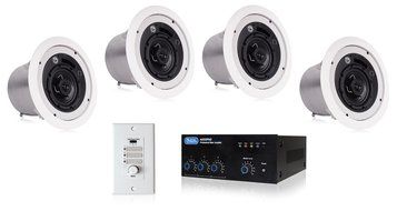 Restaurant Sound System Package with 4 Atlas Sound FAP42T In-Ceiling Loudspeakers and Mixer Amplifier (White) N4