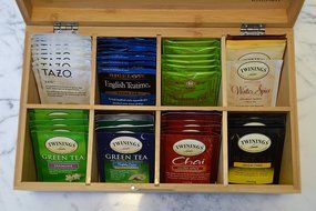 Tea Organizer, Tea Bag Box with Unique Chinese &ldquo;Tea&rdquo; Character, Wood Beveled Box Holds 96 Bags (With Chinese character) N4