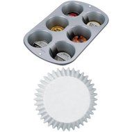 Wilton 6-Cup Jumbo Muffin Pan and Jumbo White Baking Cups Bundle