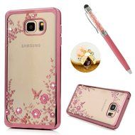 Note 5 Case,Samsung Galaxy Note 5 Case - Badalink Clear Soft TPU Case with Bling Shiny Diamonds Elegant Pink Flowers... N14
