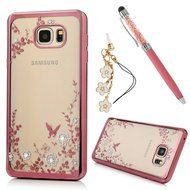 Note 5 Case,Samsung Galaxy Note 5 Case - Badalink Clear Soft TPU Case with Bling Shiny Diamonds Elegant Pink Flowers... N16