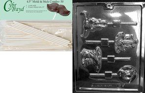 Cybrtrayd 45St50-K128 Western Theme Pops Kids Chocolate Candy Mold with 50 Cybrtrayd 4.5-Inch Lollipop Sticks