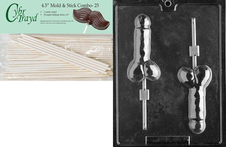 Cybrtrayd 45St25-XX500 Pecker Pop Chocolate Candy Mold with 25 Lollipop Sticks, 4.5-Inch