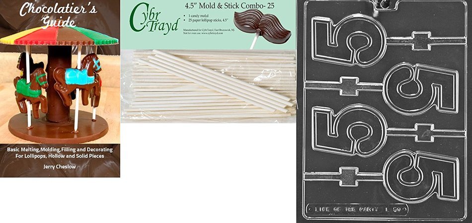 Cybrtrayd 'No. 5 Lolly' Letters and Numbers Chocolate Candy Mold with 25 4.5-Inch Lollipop Sticks and Chocolatier's...