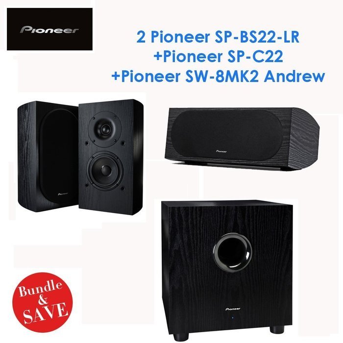 2 Pioneer SP-BS22-LR Andrew Jones Designed Bookshelf Loudspeakers + Pioneer SP-C22 Andrew Jones Designed Center...