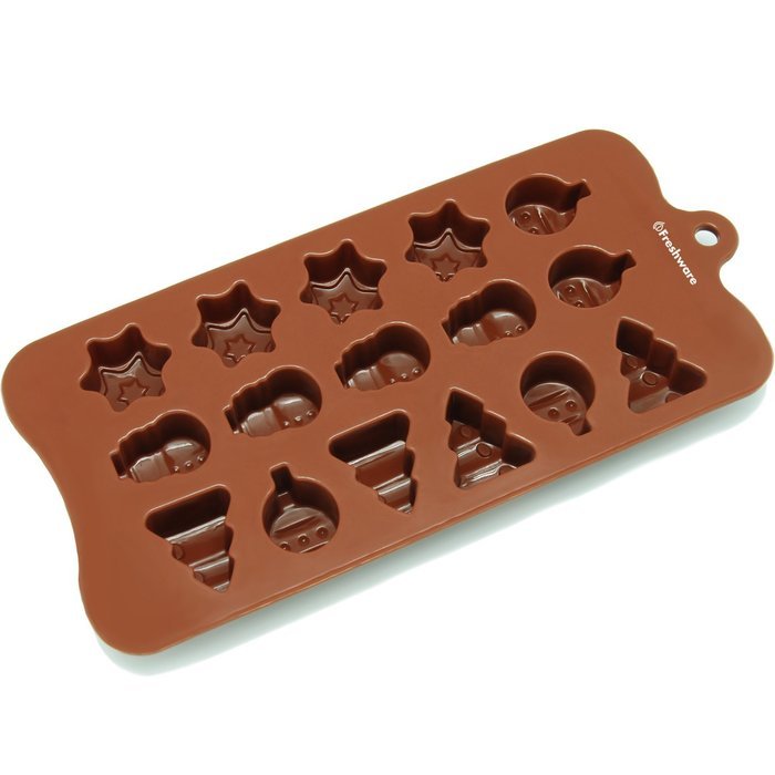Freshware CB-604BR 16-Cavity Silicone Christmas Tree, Ornament and Star Chocolate, Candy and Gummy Mold