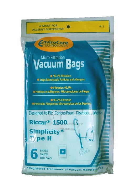 6 Riccar Simplicity Type H Vacuum Bags, Canister Vacuum Cleaners, S13L, S14CL, S18, S24, S30, S36, S38, 1500 N2