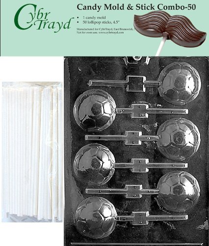 Cybrtrayd 45St50-S019 Soccer Ball Lolly Chocolate Candy Mold with 50 Cybrtrayd 4.5" Lollipop Sticks