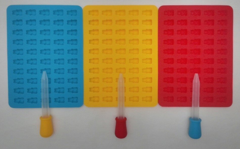 3 Pack Silicone Gummy Bear Candy Mold Multi Color with 3 Matching Easy Fill Droppers. Recipes & Tips Included N3