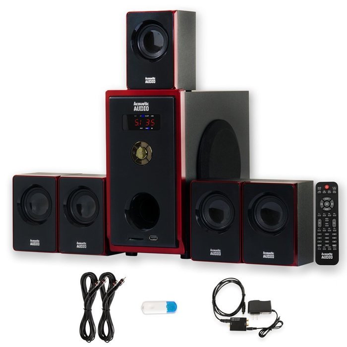 Acoustic Audio AA5103 Home 5.1 Speaker System with USB Bluetooth Optical Input and 2 Ext. Cables