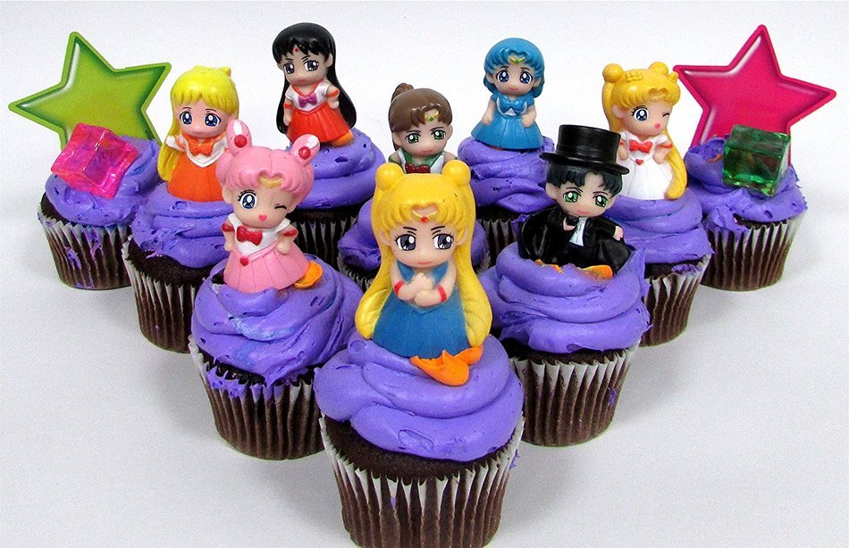 SAILOR MOON 8 Piece CUPCAKE Topper Set Featuring 6 Random Sailor Moon Figures and Decorative Themed Accessories... N4