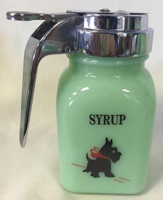 Syrup Dispenser Jadeite Jade "Script Lettering" American Made (Black Scottie - Scotty)