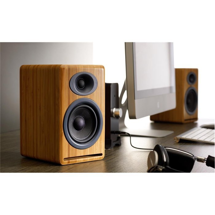 Audioengine P4 Premium Passive Bookshelf Speakers (Bamboo) with DS2 Desktop Speaker Stands (Black) N2