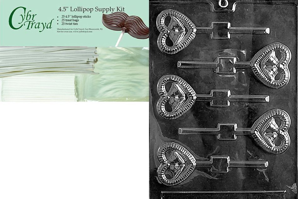 Cybrtrayd W023 Bells in Heart Lolly Wedding Chocolate Candy Mold N2