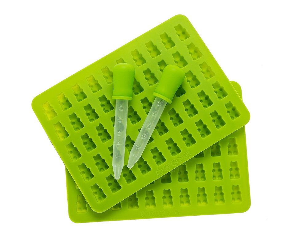 New Gummy Bear Mold Set - 2 Cavity Molds and 2 Droppers with Bonus Quick Start Recipes (Classic, Sour, Vegan)... N2