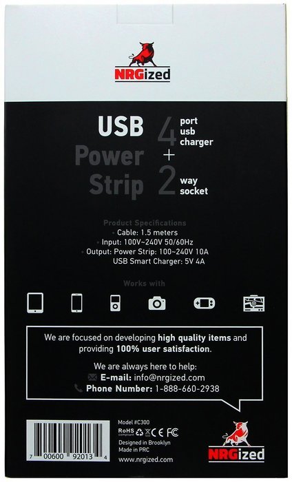 Power Strip NRGized C300 with 2-AC Outlets and 4 USB Charging Ports 5-Ft Cord (Black/Blue) N2