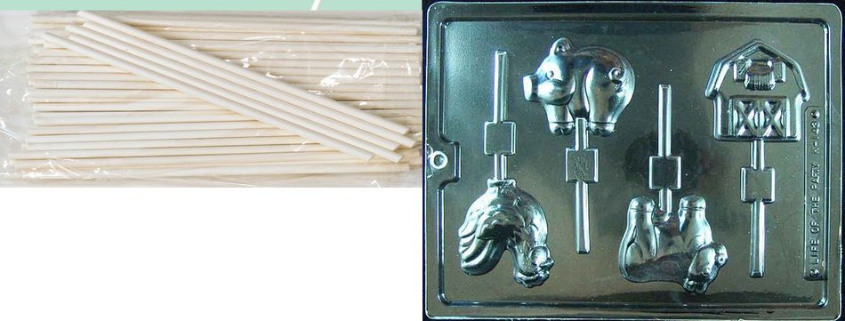 Cybrtrayd 45St25-K143 Farm Animal Lollys Kids Chocolate Candy Mold with 25 Cybrtrayd 4.5-Inch Lollipop Sticks