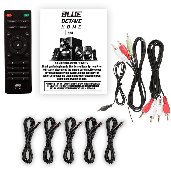 Blue Octave B54 Home Theater 5.1 Bluetooth Speaker System with FM Tuner USB and 5 Extension Cables N3