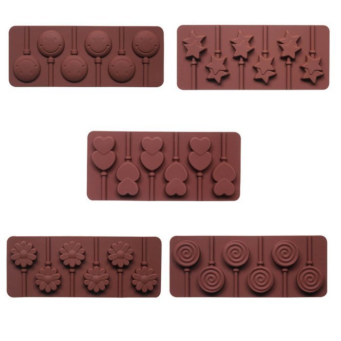 Silicone Lollipop Mold with 6 Holes, Double Heart, Star, Small Flower, Smile Face, Round, Etc, Design, Set of 5