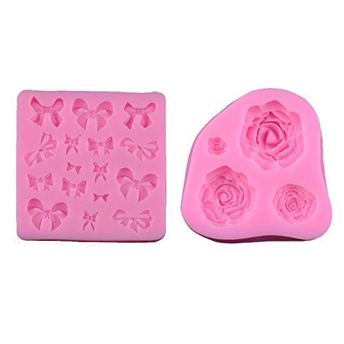 3D Silicone Fondant Mold Cake Decorating Tools Rose Flower Bow Design Silicone Baking Tool Set of 2 Pink Color
