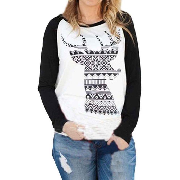 Morecome Women Fashion Christmas Elk Round Collar Cotton Long Sleeve Casual Tops (L) N3