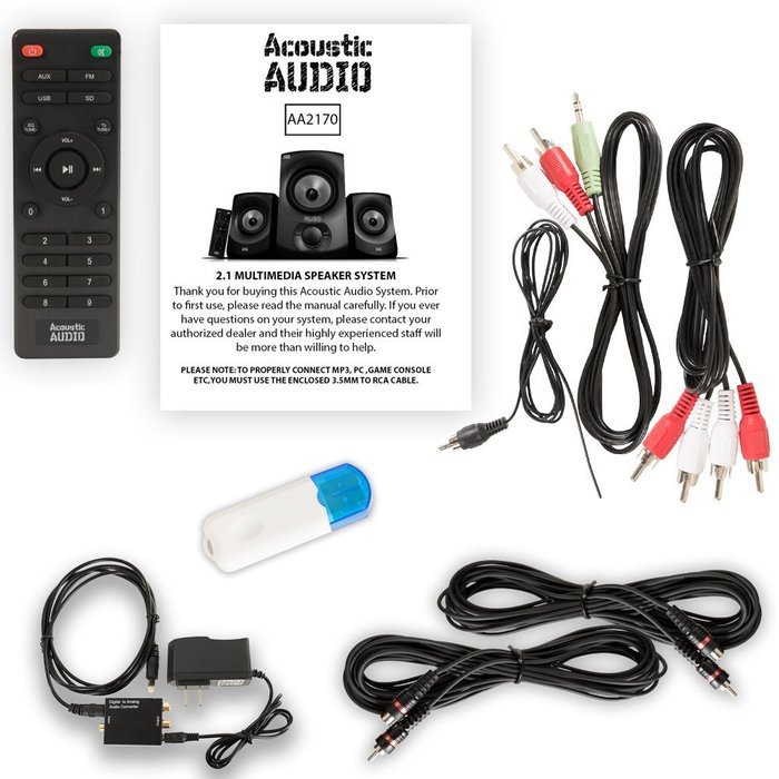 Acoustic Audio AA2170 Home 2.1 Speaker System with Bluetooth Optical Input FM USB and 2 Extension Cables