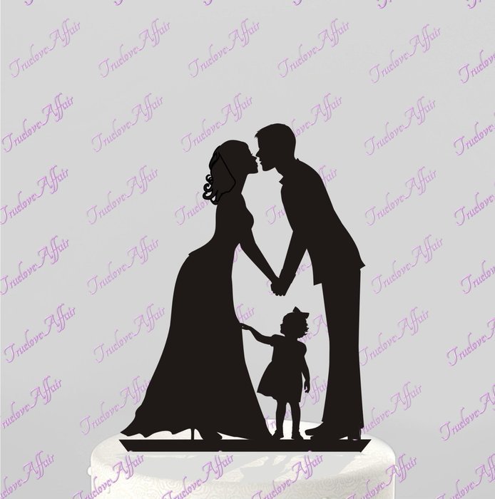 Wedding Cake Topper Silhouette Groom and Bride with little Girl - Family Acrylic Cake Topper [CT60g]