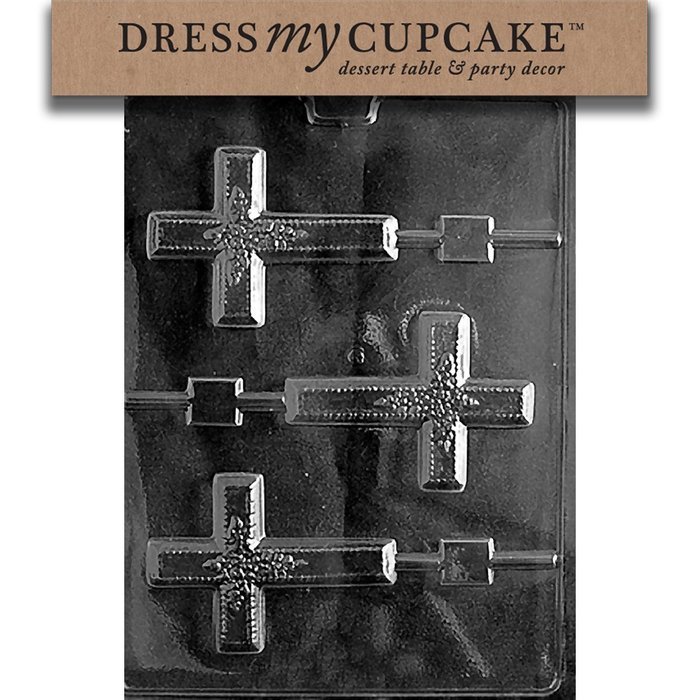 Dress My Cupcake DMCR068 Chocolate Candy Mold, Large Cross Lollipop with Flowers