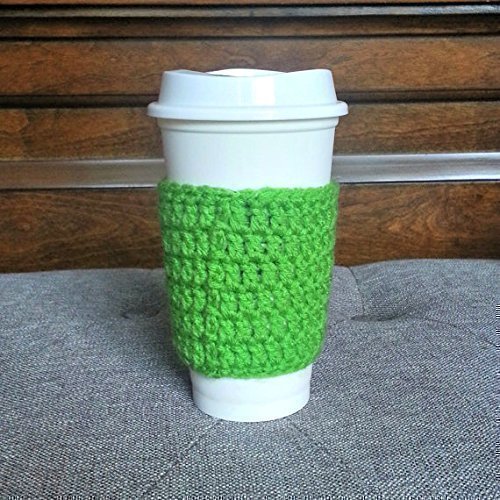 Crochet Coffee Sleeve - Green with Flower Appliques N3