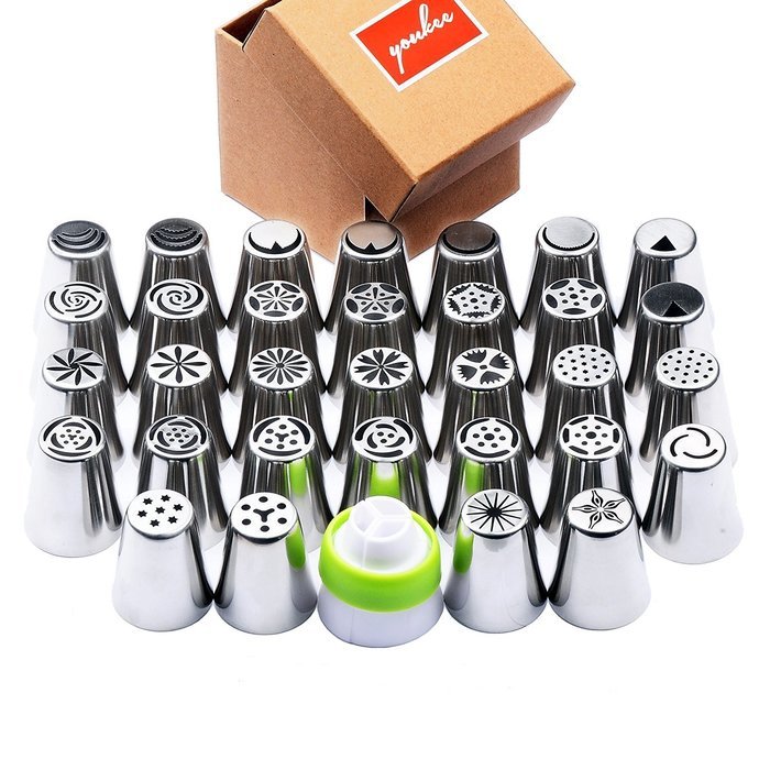 Complete Russian Piping Tips 33 PCS/Set - YOUKEE 32PCS 304 Stainless Steel Piping Tips + 1 Tri-color Coupler-... N2