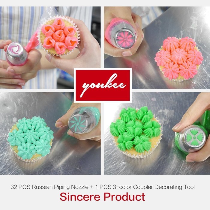 Complete Russian Piping Tips 33 PCS/Set - YOUKEE 32PCS 304 Stainless Steel Piping Tips + 1 Tri-color Coupler-... N6